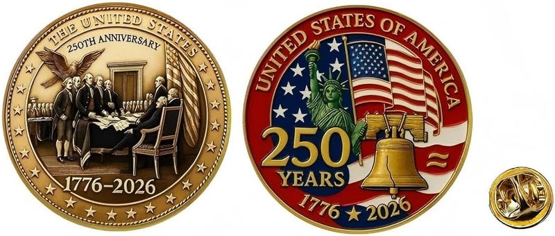 ZENRUIMING 2 Pcs America 250th Birthday Enamel Pins,250 years Anniversary Metal Gold Plated Lapel Pin, 1.4″ USA Patriot Collectible Accessories for Patriot's Day Independence Day - Image 1
